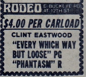 AZ Republic newspaper Ad for a double feature at the Rodeo Drive-In in Phoenix Arizona. Clint Eastwood big budgeted film and Horror film PHANTASM. This ad is from 1979