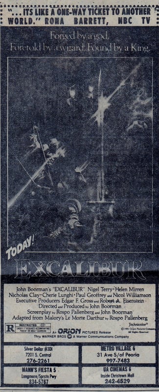 AZ Republic Newspaper Ad for the exciting film EXCALIBUR.  at the bottom of this ad for the movie you can see one of the places it was showing at was the Silver Dollar Drive In in Phoenix Arizona from 1980.