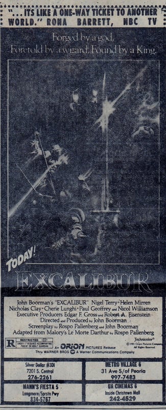 AZ Republic Newspaper Ad for the exciting film EXCALIBUR. at the bottom of this ad for the movie you can see one of the places it was showing at was the Silver Dollar Drive In in Phoenix Arizona from 1980.