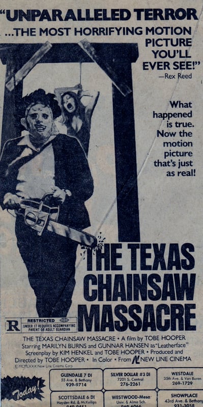 AZ Republic Newspaper Ad for the 1981 Re-Release of the Classic Horror film THE TEXAS CHAINSAW MASSACRE. At the bottom of this ad for the movie you can see one of the places it was showing was at the Silver Dollar Drive In in Phoenix Arizona from 1981.