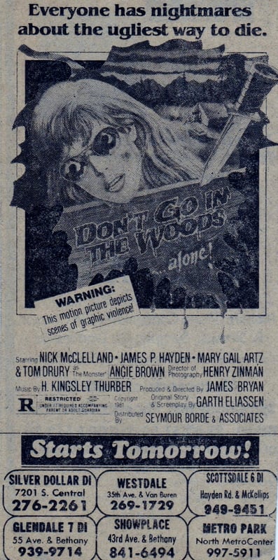 AZ Republic Newspaper Ad for the 1980 Slasher film DONT GO IN THE WOODS. At the bottom of this ad for the movie you can see one of the places it was showing was at the Silver Dollar Drive In in Phoenix Arizona from 1980.