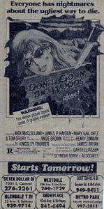 AZ Republic Newspaper Ad for the 1980 Slasher film DONT GO IN THE WOODS. At the bottom of this ad for the movie you can see one of the places it was showing was at the Silver Dollar Drive In in Phoenix Arizona from 1980.