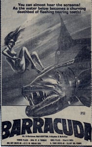 AZ Republic newspaper Ad for the low Budget Jaws rip-off film BARRACUDA from 1979. At the bottom of the Ad you can see it played at the South Twin 12 Drive In Tempe AZ