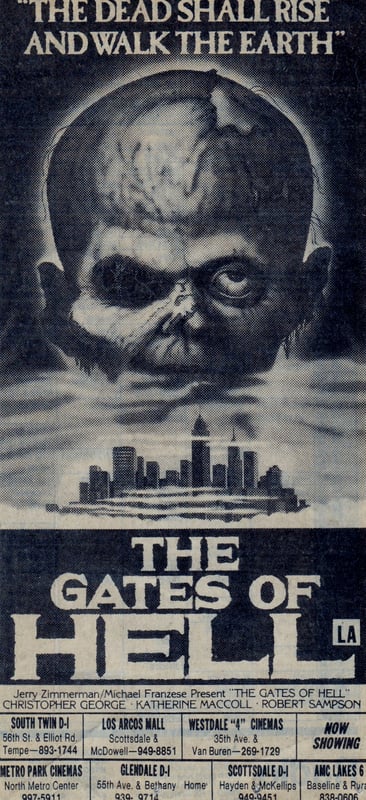 AZ Republic newspaper Ad for Italys Lucio Fulcis graphic horror film THE GATES OF HELL from 1983. Originally known as CITY OF THE LIVING DEAD.  At the bottom of the Ad you can see it played at the South Twin 12 Drive In Tempe AZ
