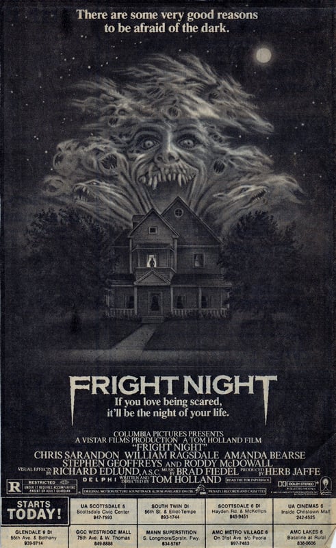 AZ Republic newspaper Ad for the great vampire horror movie FRIGHT NIGHT from 1985.  This is one of the final movies that played at this Drive In before it closed.  At the bottom of the Ad you can see it played at the South Twin 12 Drive In Tempe AZ