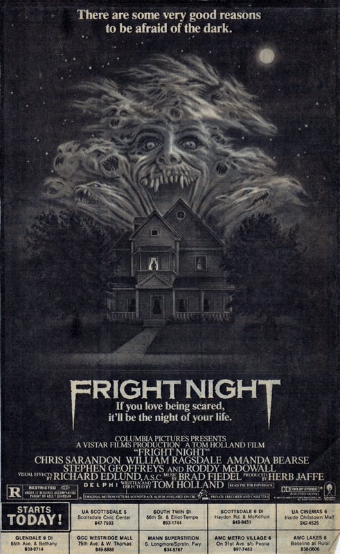 AZ Republic newspaper Ad for the great vampire horror movie FRIGHT NIGHT from 1985. This is one of the final movies that played at this Drive In before it closed. At the bottom of the Ad you can see it played at the South Twin 12 Drive In Tempe AZ