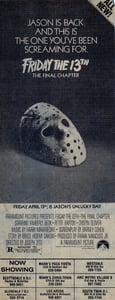 AZ Republic newspaper Ad for what was supposed to be Jasons final film FRIDAY THE 13TH THE FINAL CHAPTER from 1984. At the bottom of the Ad you can see it played at the South Twin 12 Drive In Tempe AZ