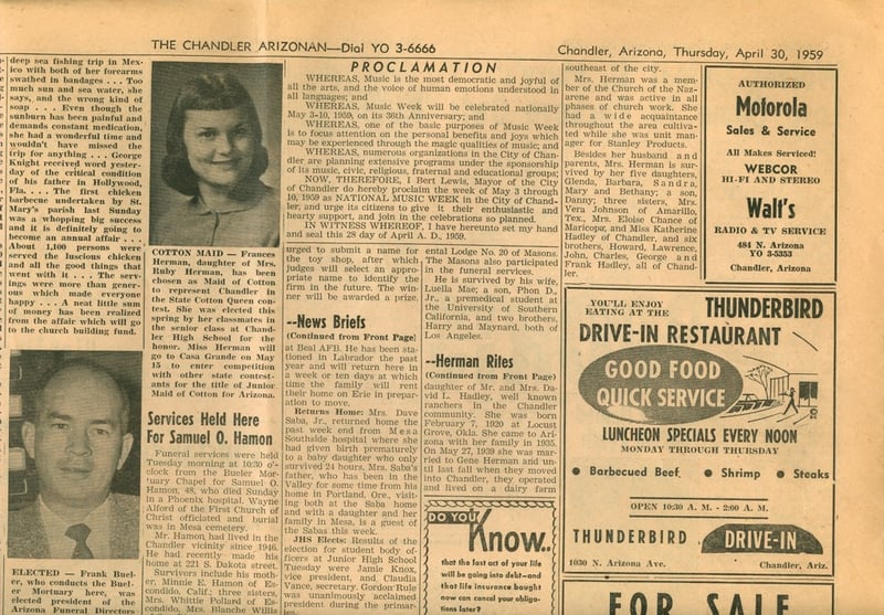 I don't know if this is related but in the 50's there was a Thunderbird Drive in in Chandler, it was a restaurant.  The photo is a copy of the Chandler Newspaper from 1959.