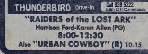Here is a Movie Ad from the AZ Republic for a double feature including the Blockbuster RAIDERS OF THE LOST ARK playing at the Thunderbird Drive-In in 1981.