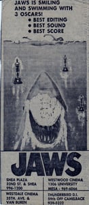 Here is a Movie Ad from the AZ Republic for the Blockbuster JAWS plus a double feature playing at the Thunderbird Drive-In in 1976. The Drive-In was owned by the Mann Theaters Company.