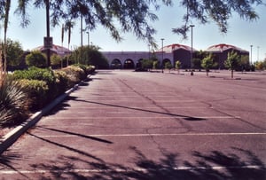 The indoor theater and parking lot as it looks today