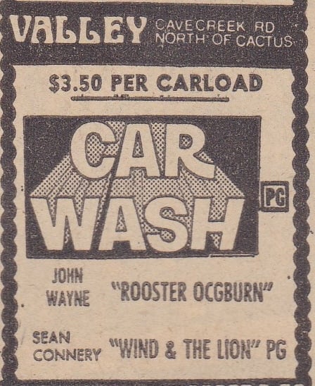 AZ Republic Newspaper Ad for a Triple feature playing at the Valley Drive-In in Phoenix AZ in 1977. Notice the typo on the title of ROOSTER COGBURN