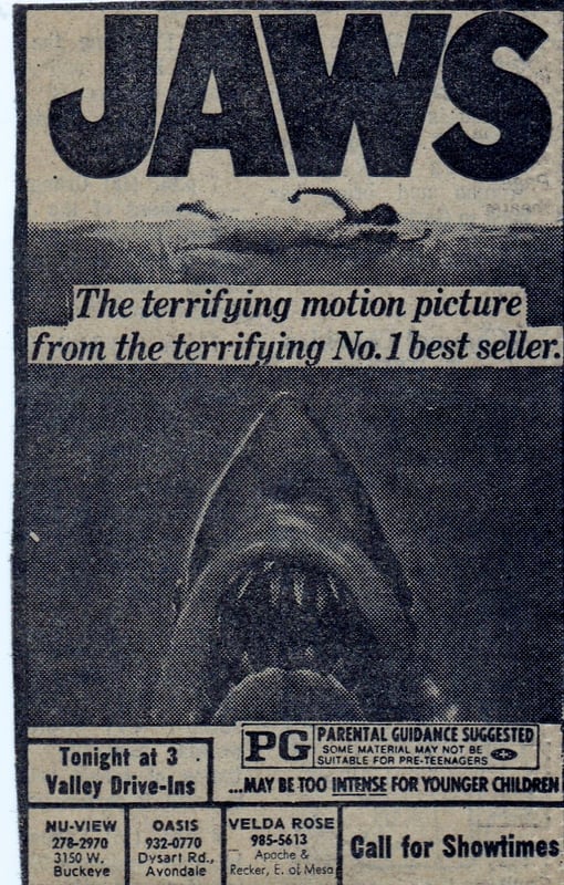 Here is a Movie Ad from the AZ Republic for the Phenom blockbuster movie JAWS. This is one of its many re-releases from 1976. At the bottom of the ad you can see where it was playing and The Velda Rose Drive In was one of them. The Velda Rose was located