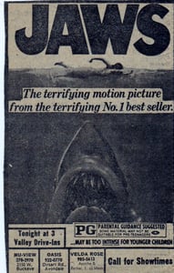 Here is a Movie Ad from the AZ Republic for the Phenom blockbuster movie JAWS. This is one of its many re-releases from 1976. At the bottom of the ad you can see where it was playing and The Velda Rose Drive In was one of them. The Velda Rose was located 
