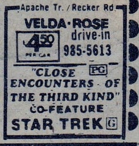Here is a Movie Ad from the AZ Republic for a SCI-FI double feature playing at the Velda Rose Drive-In in 1980. The Drive-In was owned by the Nace Company.