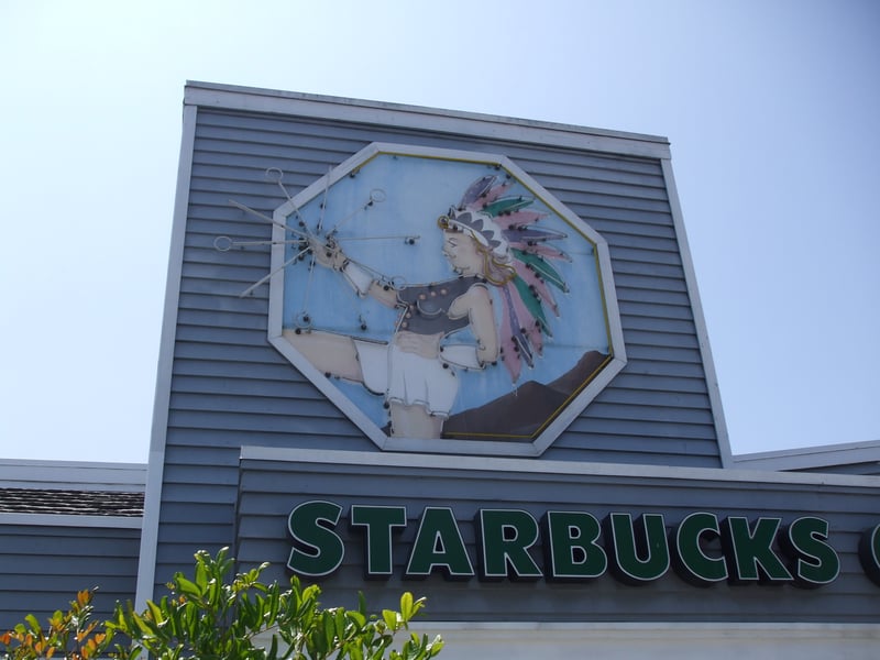 An artifact from the defunct Campus Drive-In, this drum majorette is now on the Starbucks located at its original site 6100 block of El Cajon Blvd.