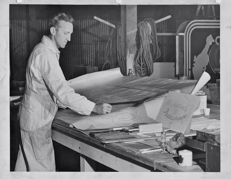 Original designer Joseph C. Schmith with Campus Drive-In Theater design on black showcard, prepared for owner Sam Russo. Schmith was the designer at California Neon at the time. Various other Schmith photos included.
