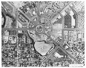 Aerial view of the Long Beach Traffic Circle, with the Circle Drive-in at the bottom of the circle