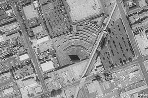 Ariel View of Escondido Drive-In.  Now a Swap Meet, you can still see the screen up.