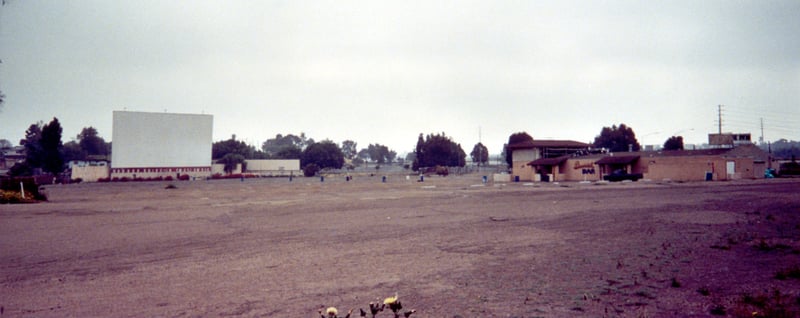 Panoramic view of field, building, and screen