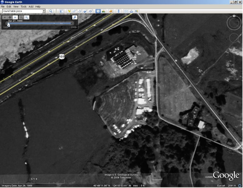 View intersection of Highway 101 and Indianola Road in Google Earth then slide time scale back to 1989. 4049'1.83N 124 5'38.50W