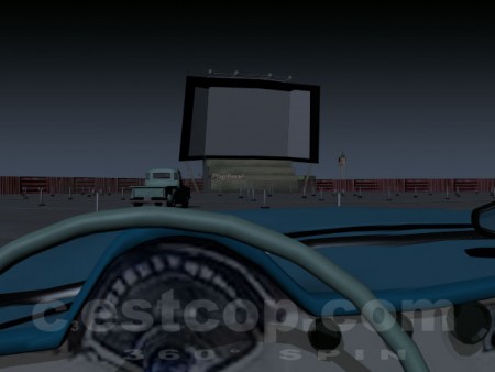 The image is rendered from a computer generated 3D reconstruction of the Monte Vista Drive-in as it looked in 1963. If you go to the link below, viewers can see this illustration at 360 degrees from the inside of a corvette convertible.
http://www.cestc