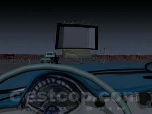 The image is rendered from a computer generated 3D reconstruction of the Monte Vista Drive-in as it looked in 1963. If you go to the link below, viewers can see this illustration at 360 degrees from the inside of a corvette convertible. 
http://www.cestc
