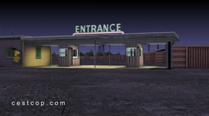 This rendered reconsruction shows the drive-in's ticket booth, circa 1957. Special thanks goes to the Mountain View Historical Society