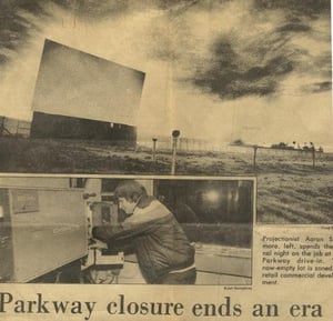 newspaper clipping; screen, field, and projection booth