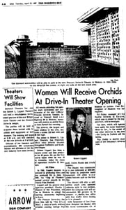 Prescott Drive-in Theater in Modesto, CA grand opening article, dated April 25, 1967. Indicates it had one of the largest drive-in screens in the country at 120 X 60 feet.