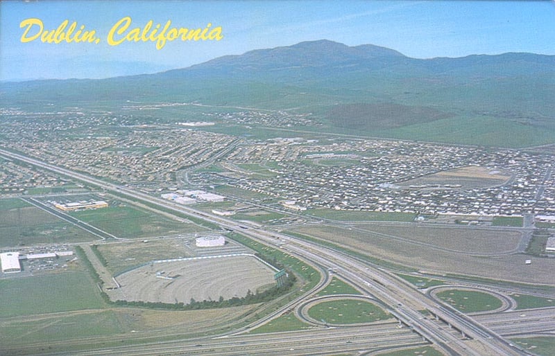 Aerial photo of San Ramon Auto Movies. Photo taken prior to addition of second screen. Theatre demolished in late 1882, currently is site of large retail mall, car dealerships.