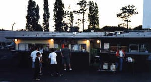 Skyview main snack bar, with barbecue running to the right. Screen 1 peeking in at right.