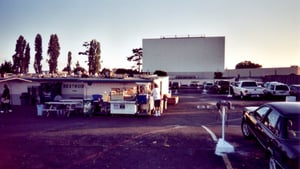 Screen, concessions building, and field