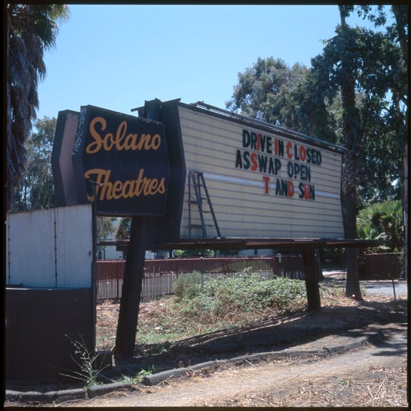 The marquee of the Solano Drive-In.