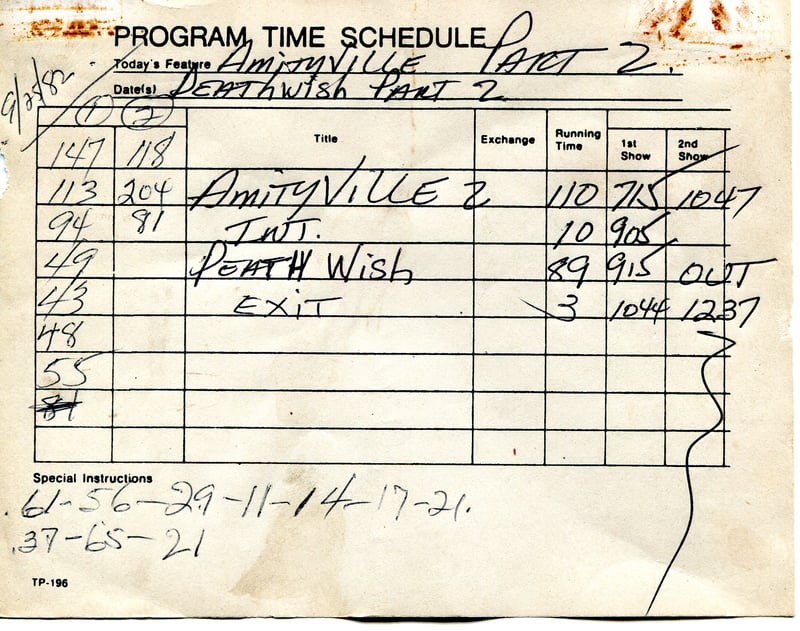 movie times sheet used in the box office