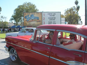 Christina and Kim Negrete in there 1957 Chevy going into Van Buren Drive-In Oct.15,2008 for a Car Rally.