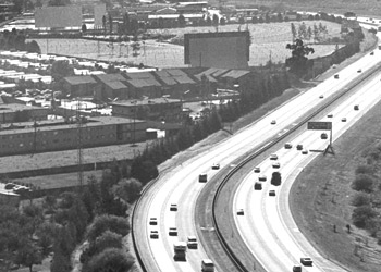 Aerial photo shot from the Pruneyard Towers looking south with the Winchester Drive-In in the background. Circa 1974.