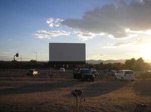 Waitin for the movie to start with the mountains in the background on a beautiful summer night.