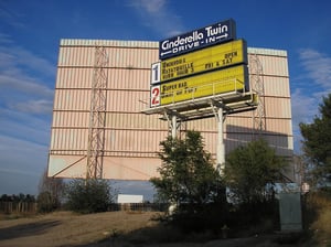 Cinderella Twin Drive-In - one screen in the foreground, and the other screen can be seen underneath it.