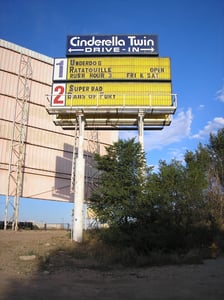 Cinderella Twin Drive-In screen and sign.