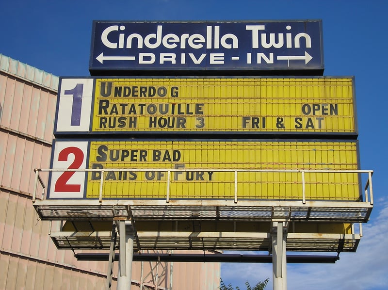 Cinderella Twin Drive-In screen and sign.
