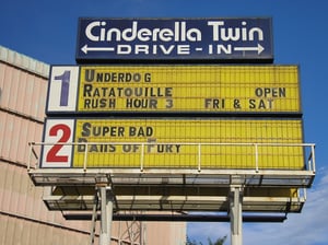 Cinderella Twin Drive-In screen and sign.