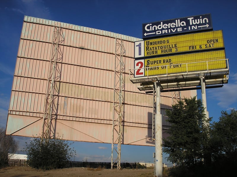 Cinderella Twin Drive-In screen (and second screen in lower left corner), and sign. The Cinderella was scheduled to permanently close in two weeks when I took this photo in early Sept. 2007.