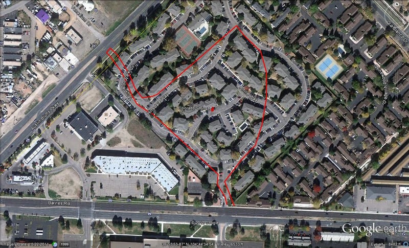 Google Earth image with outline-now street is called Austin Bluffs Pkwy on Google