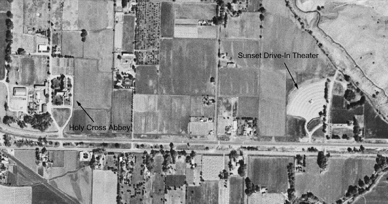 Arial photograph showing the Sunset Drive-In and The Holy Cross Abbey