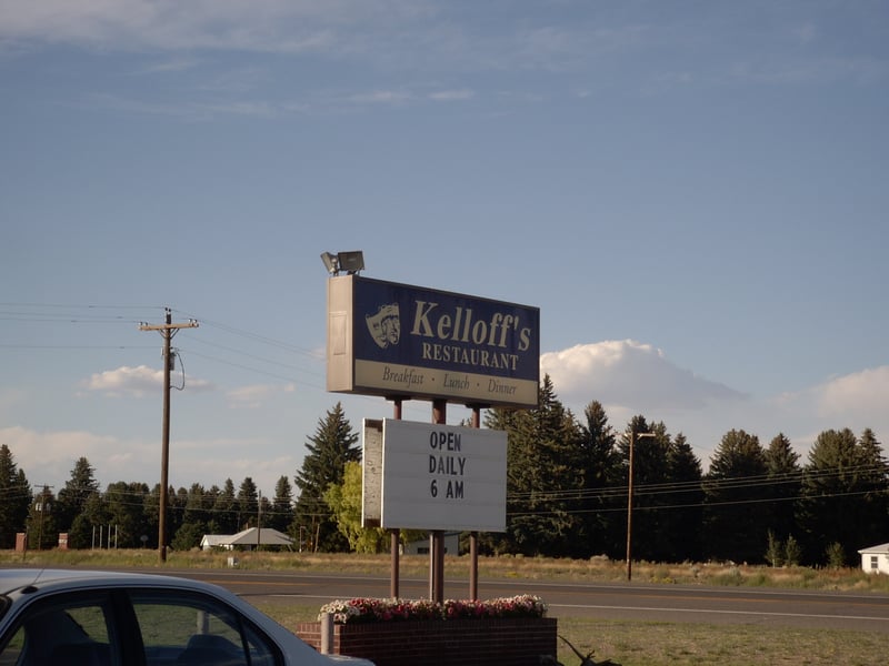 Picture of sign for Kelloff's restaurant. Owned by owners of Drive-In and Motel. Mr Kelloff eats there most mornings.