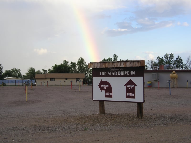 Coming into the Star Drive-In lot, greeted by a rainbow.