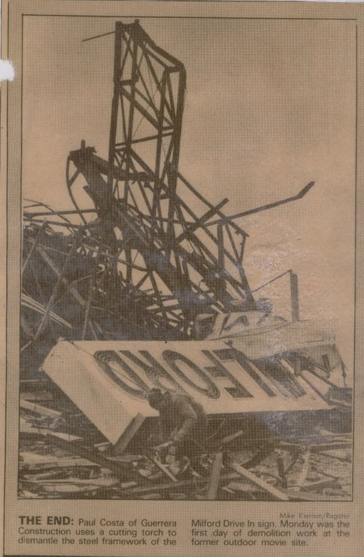 Demolition of Milford Drive-In Sign. Taken by Mike Kiernan for the New Haven Register.