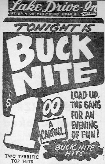 Buck Nite at Lake Drive-In,1955 Ad in Waterbury American