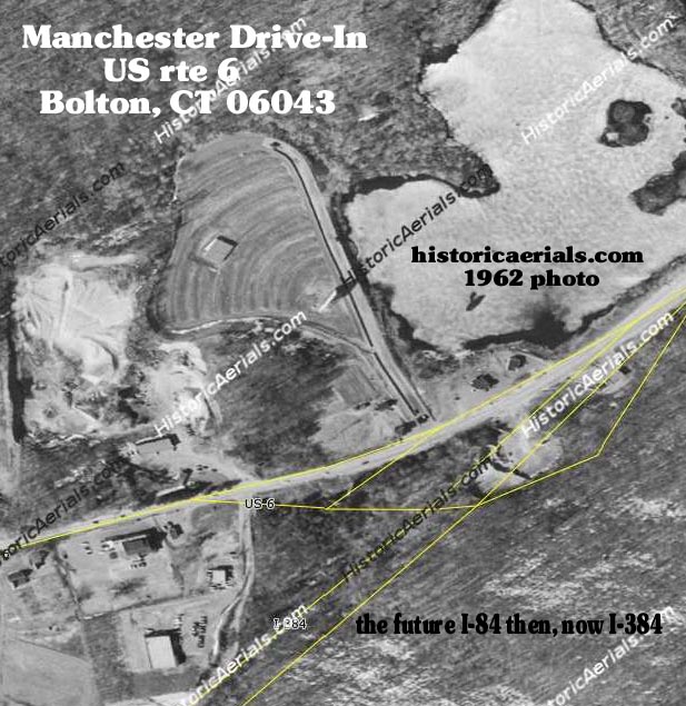 Manchester Drive-In, US rte 6, Bolton, Ct. As you can, I-84 wasn't even built yet. Now that it's here, it has been changed to I-384